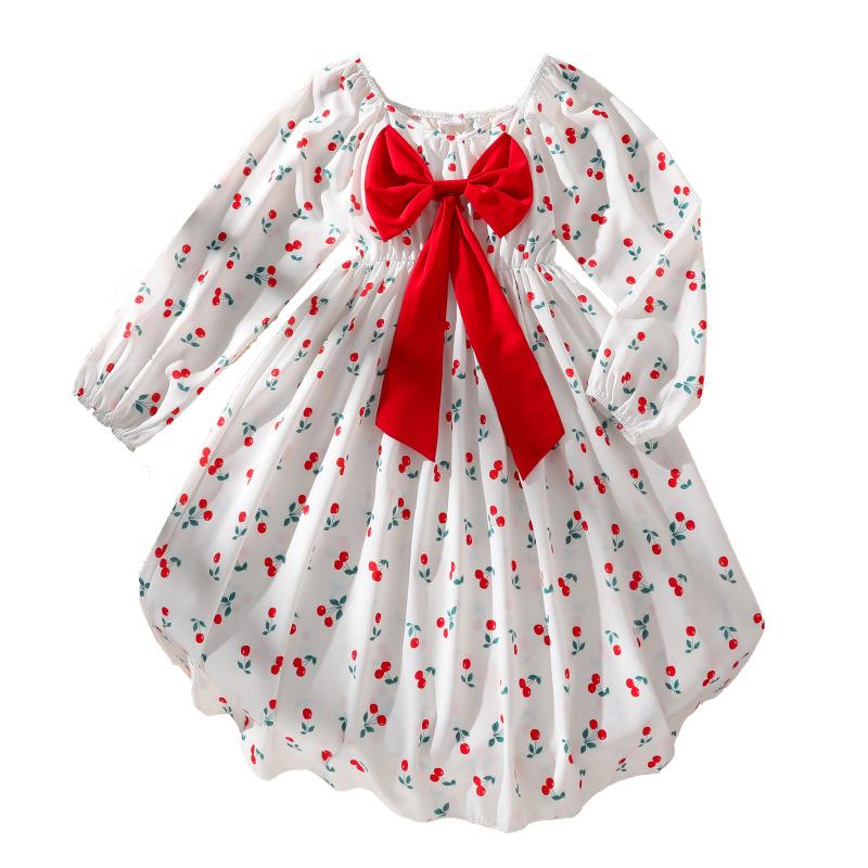 Summer Children's Princess Dress with Bow Print Long-sleeved Dress