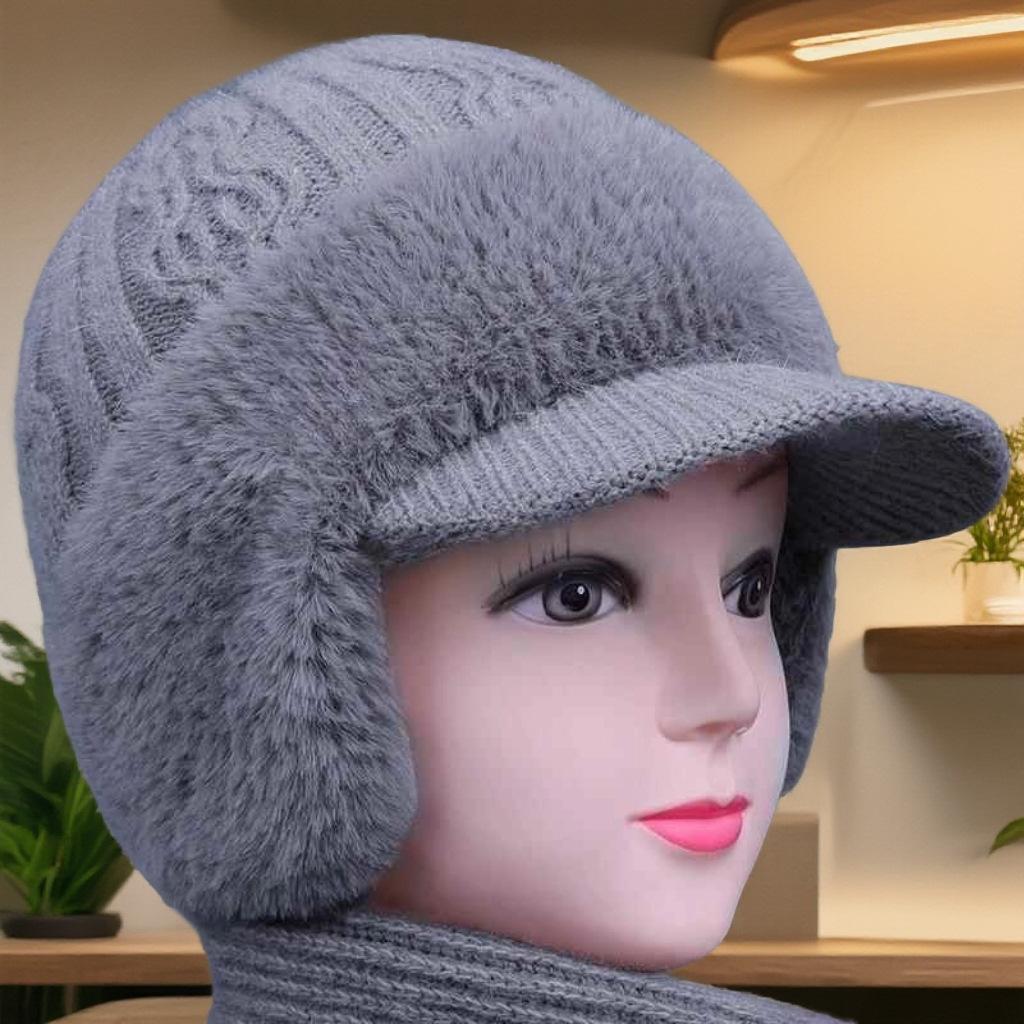 Middle aged and Elderly Women's Mink Velvet Ear Protection Woolen Hat Women's Winter Hat Scarf Set Warm Knitted Hat Peaked Cap