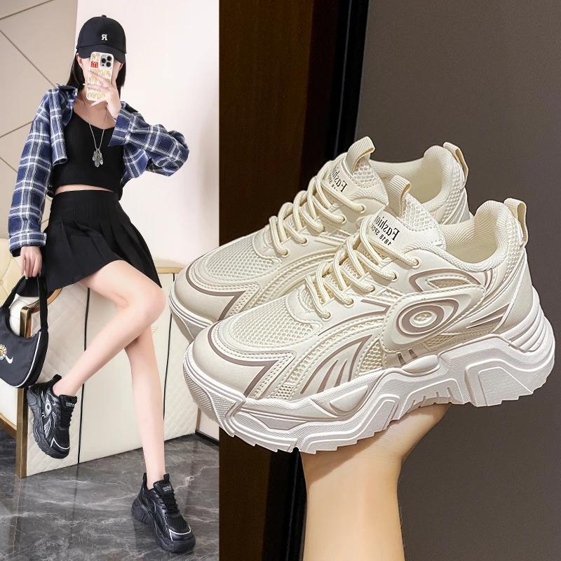 fashion 2024 New Round Toe Thick-soled Mesh Breathable and Heightening Dad Shoes Comfortable Women's Sports Shoes Fashionable