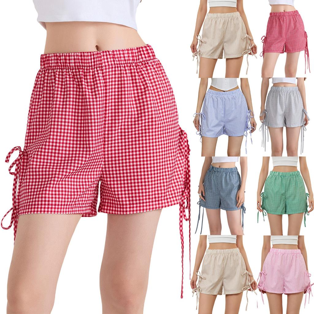 Dames Løse Casual Høy midje Sløyfe Elastisk midje Rutete Shorts Casual Shortss