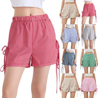 Damen Locker Lässig Hochtailliert Schleife Elastischer Bund Karierte Shorts Lässige Shorts