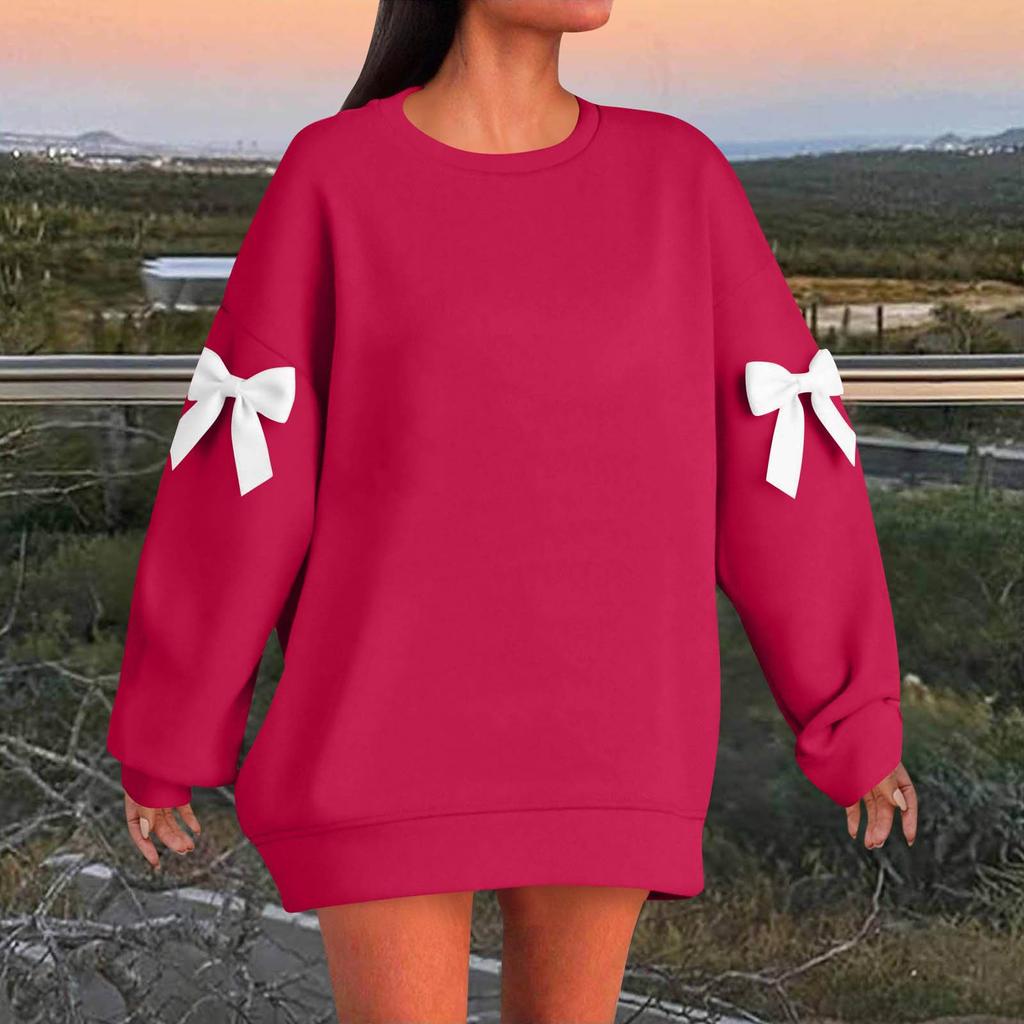 Women's Solid Color Bow Round Neck Long Sleeved Loose Pullover Sweater Sweatshirt
