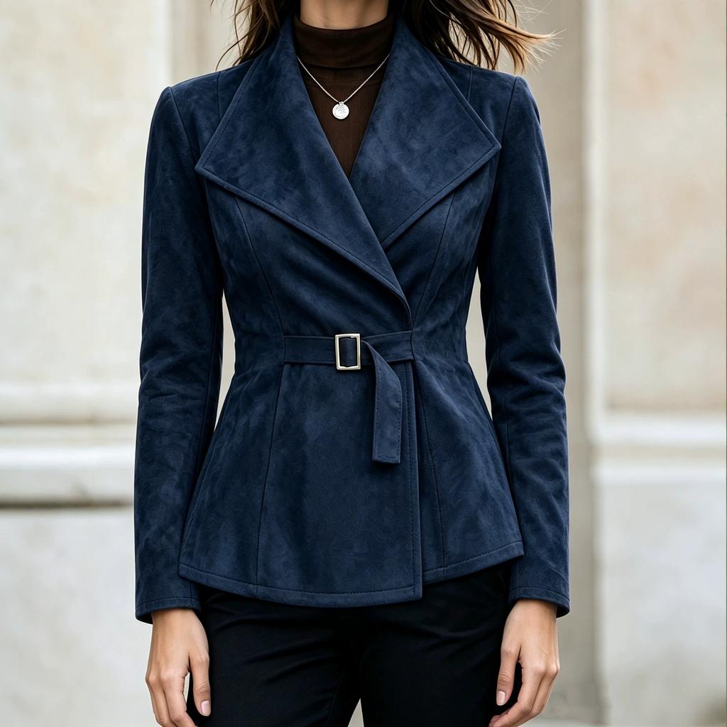 Women's Faux Suede Lapel Collar Belted Wrap Jacket Multi Color Casual Long Sleeve Fitted Coat