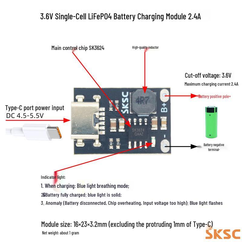 3.6V/3.2V LiFePO4 Battery Charger Module, 2.4A High Current, Type-C Port