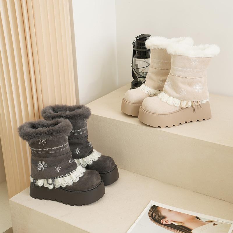 Winter Fashion~ Vintage Snowflake Embroidery Splicing Lace Strap Snow Boots Round Head Platform Cotton Boots
