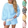 Women's Fashion Plaid Crewneck Long Sleeve Loose Fit Sweatshirt and Shorts Two-Piece Athletic Set