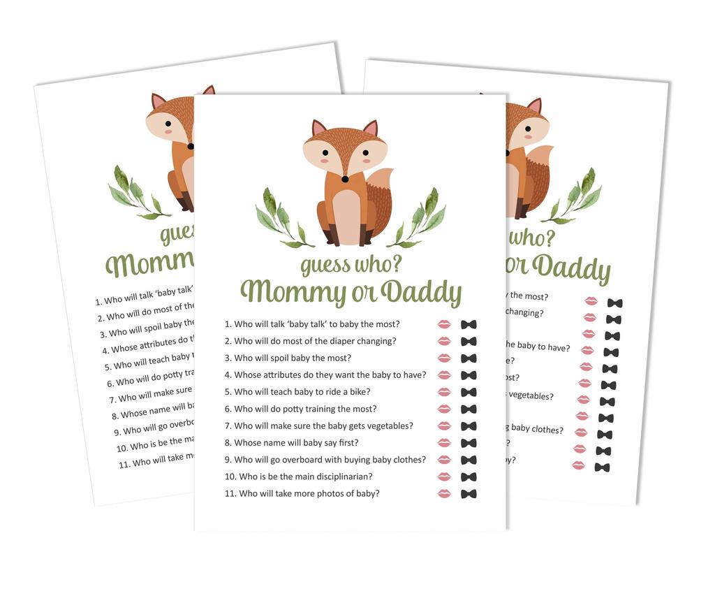 Inkdotpot Who Said it Game Mommy Or Daddy 50 Sheet Fun Baby Shower Game Gender Neutral Fox Animal Party Supply