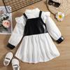 Girls Spring And Autumn Corduroy Turn-Down Collar Dress Leather Vest Two-Piece Set Children Clothing