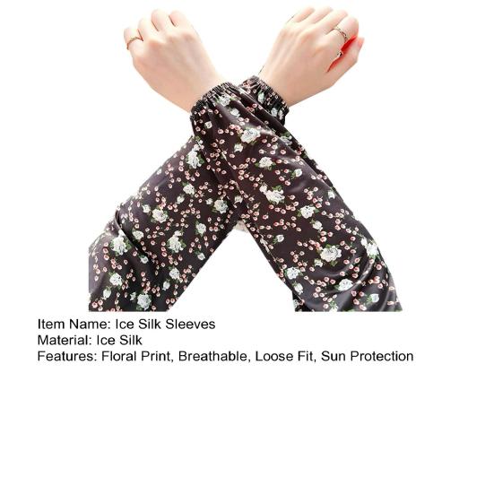 Ice Silk Arm Sleeves for Women, UV Sun Protection Cooling Sleeves with Floral Print, Loose Fit Elastic Cuffs Arm Covers for Cycling Driving Working