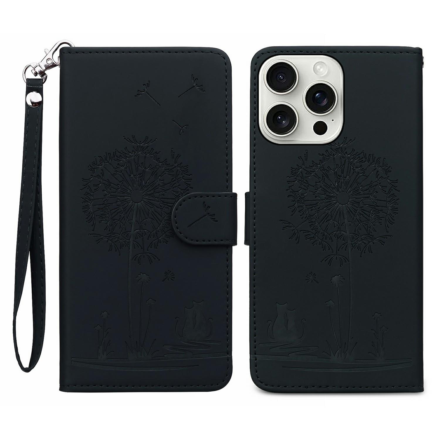 

For iPhone 16 Pro Case Cat Dandelion Imprint PU Leather Wallet Phone Cover with Strap F