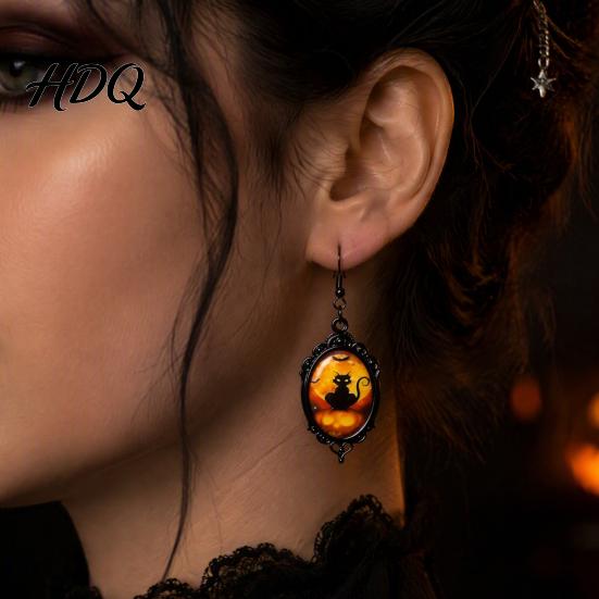 Vintage Theme Gift for Halloween Party 1 Pair Gothic Black Cat Earrings Women Exquisite Craftsmanship Favors Dark Punk Style Dangle Drop Earrings,