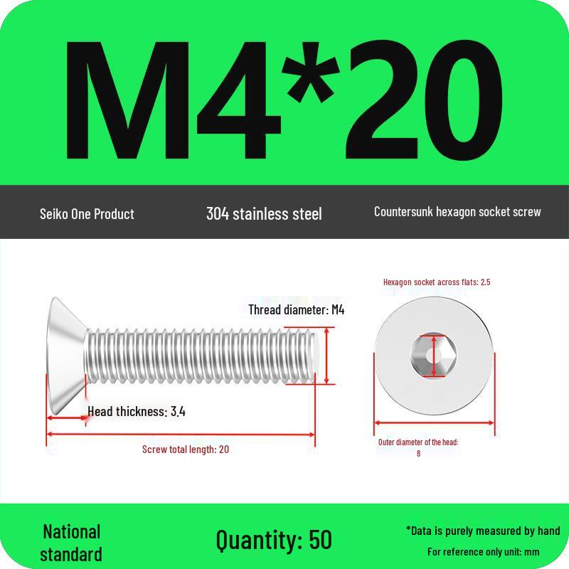 Complete Set of 304 Stainless Steel Countersunk Hex Socket Cap Screws, Flat Head Bolts, and Machine Screws (M2-M10)