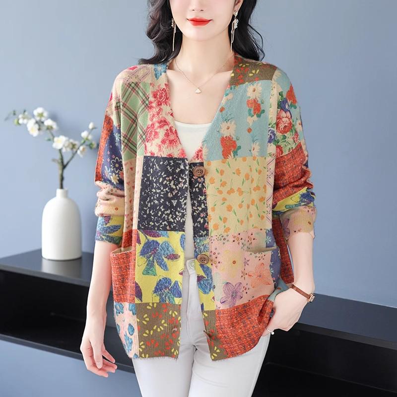 2024 Autumn/Winter V-Neck Mink Velvet Printed Loose Casual Single-breasted Coat