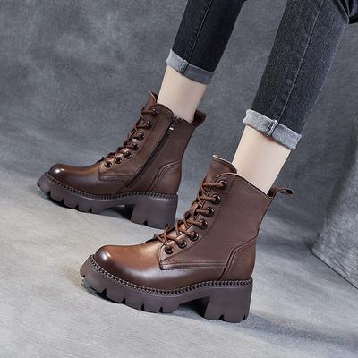 Bottes Martin en cuir véritable à semelles épaisses pour femmes, bottes mi-longues rétro en cuir de vache lavé, style britannique à la mode pour enfants