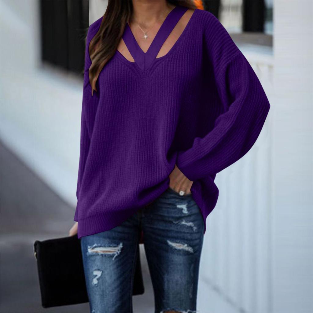 Suéter informal de color sólido con personalidad y manga larga con escote en V holgado a la moda para mujer