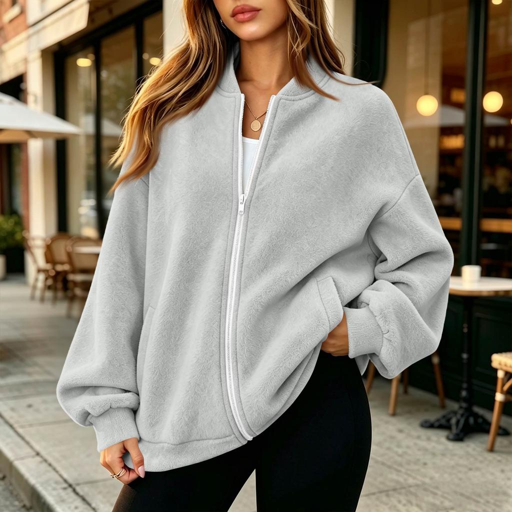Women's Thermal Baseball Collar Zip Up Jacket Color Loose Fit
