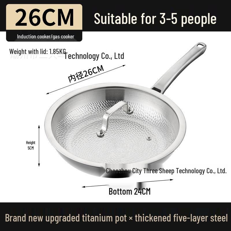 Titanium Dragon Scale Hammer Pattern Flat Bottom Wok with Square Handle, No Coating, Less Oil Smoke, Stainless Steel Steak Frying Pan.