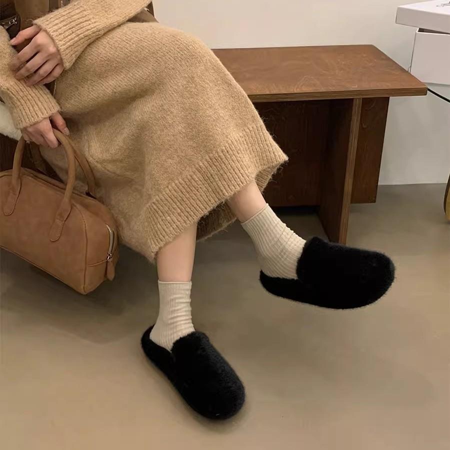 2025 Autumn and Winter New Internet Celebrities Simple and Gentle Imitation Mink Hair Bag Head Half Slippers Plush Slippers Women's Wear