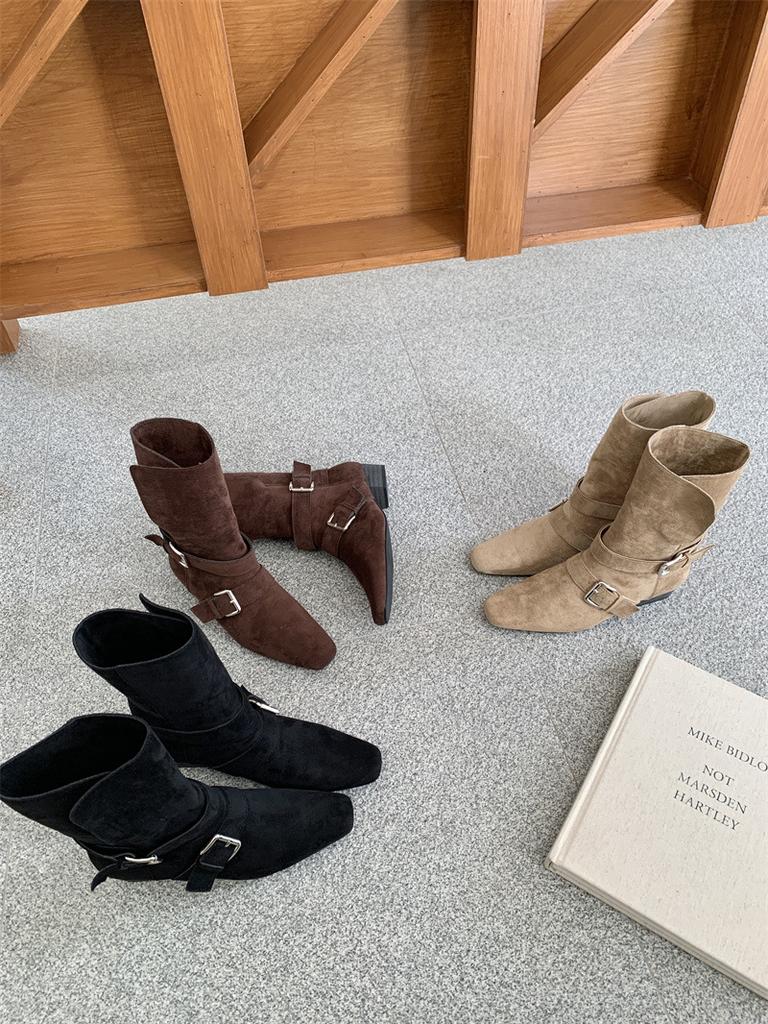 Coarse Heel Suede Square Head Short Boots Women's 2025 Autumn and Winter New Button Lapel Two Wear Women's Boots Sleeve Fashion Boots Women