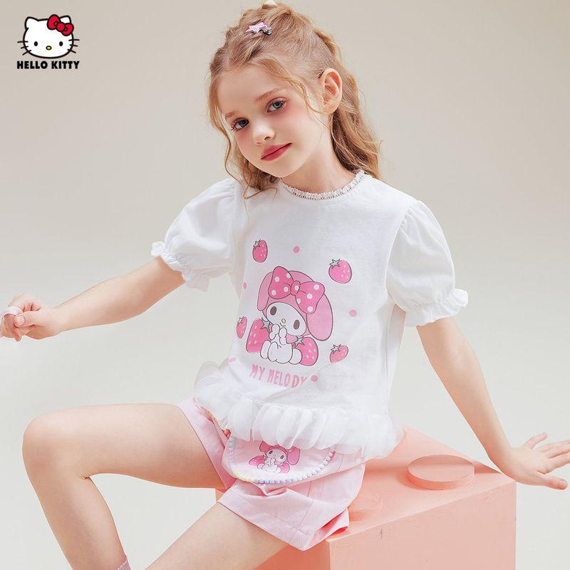 Melody Girls' Summer Outfit Stylish Children's Summer Clothes Girls' Summer Short-Sleeve T-Shirt and Shorts Two-Piece Set Trendy