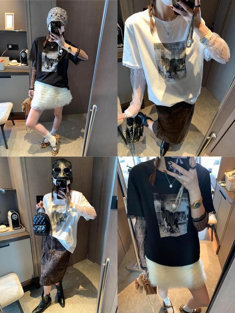 Mochie Spring Lace Patchwork Two-Piece Look Round Neck Printed Loose Slimming Long Sleeve T-Shirt