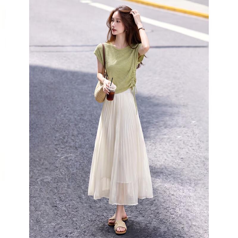 Drawstring Knit Top & Flowing Skirt Two-Piece Set