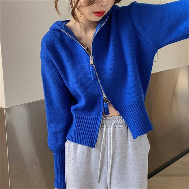 

Женский короткий вязаный кардиган с капюшоном, весна и осень, новый стиль, свободный вязаный свитер с двойной молнией 2XL синий