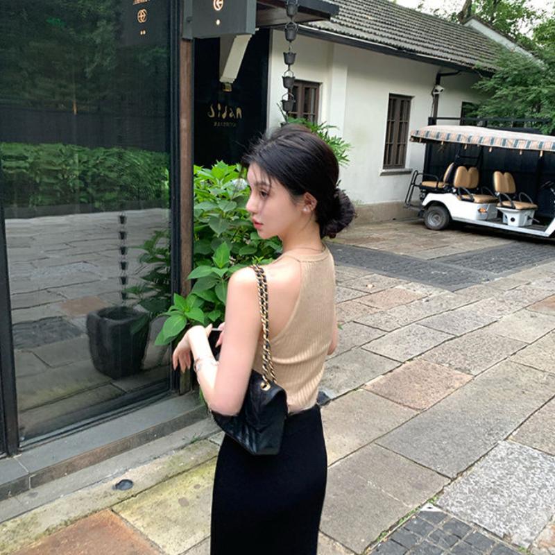 Hollow-out Black Base Layer Tank Top Women's Spring Summer Inner Wear Sexy Sweet Hot Girl Ice Silk Knitted Short Sleeveless Top