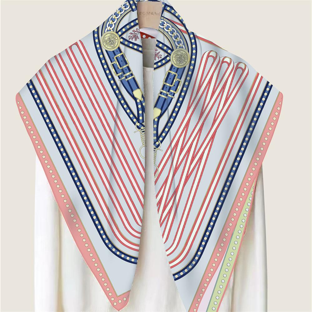 POBING Manual Hand Rolled Twill Silk Scarf Women Melt Chain Double Print Square Scarves Wraps Echarpes Foulards Femme Hijab 90CM