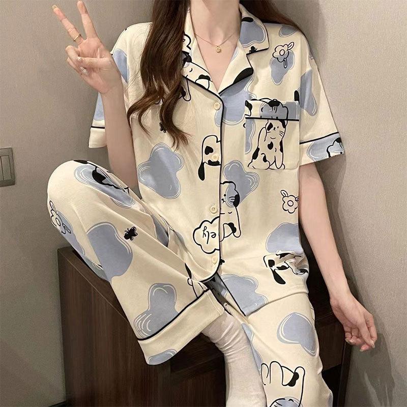 Sweet and Cute Pajamas Women's Summer Short-sleeved Trousers Girls Loungewear Suit