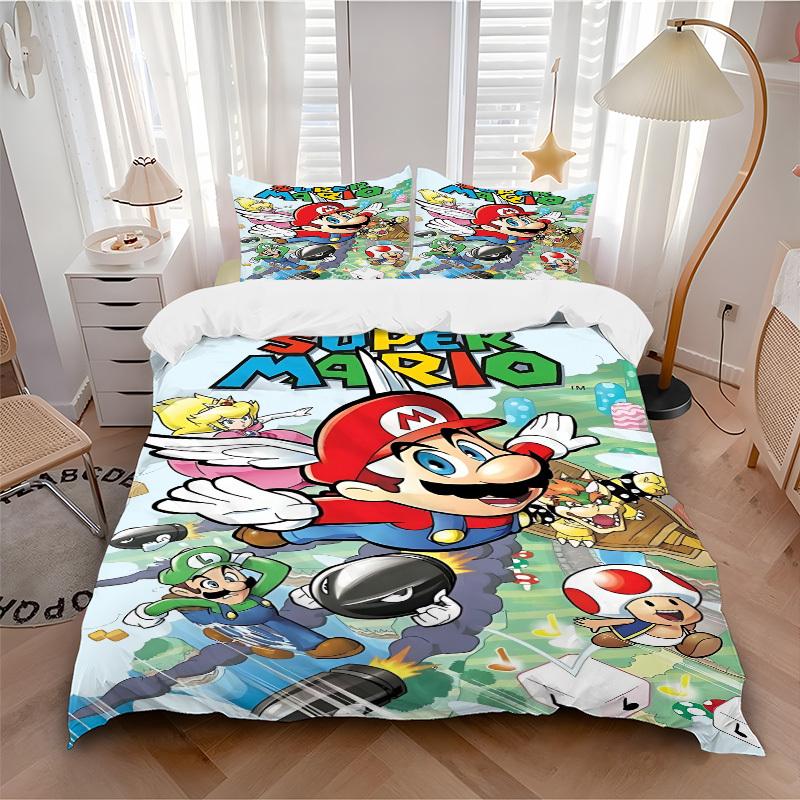 

3pcs bedding set Mario Adventure Includes 1 Comforter + 2 Pillowcases, Without Pillow Inserts, Soft Comfortable, Lightweight Breathable, Pri 135x200cm