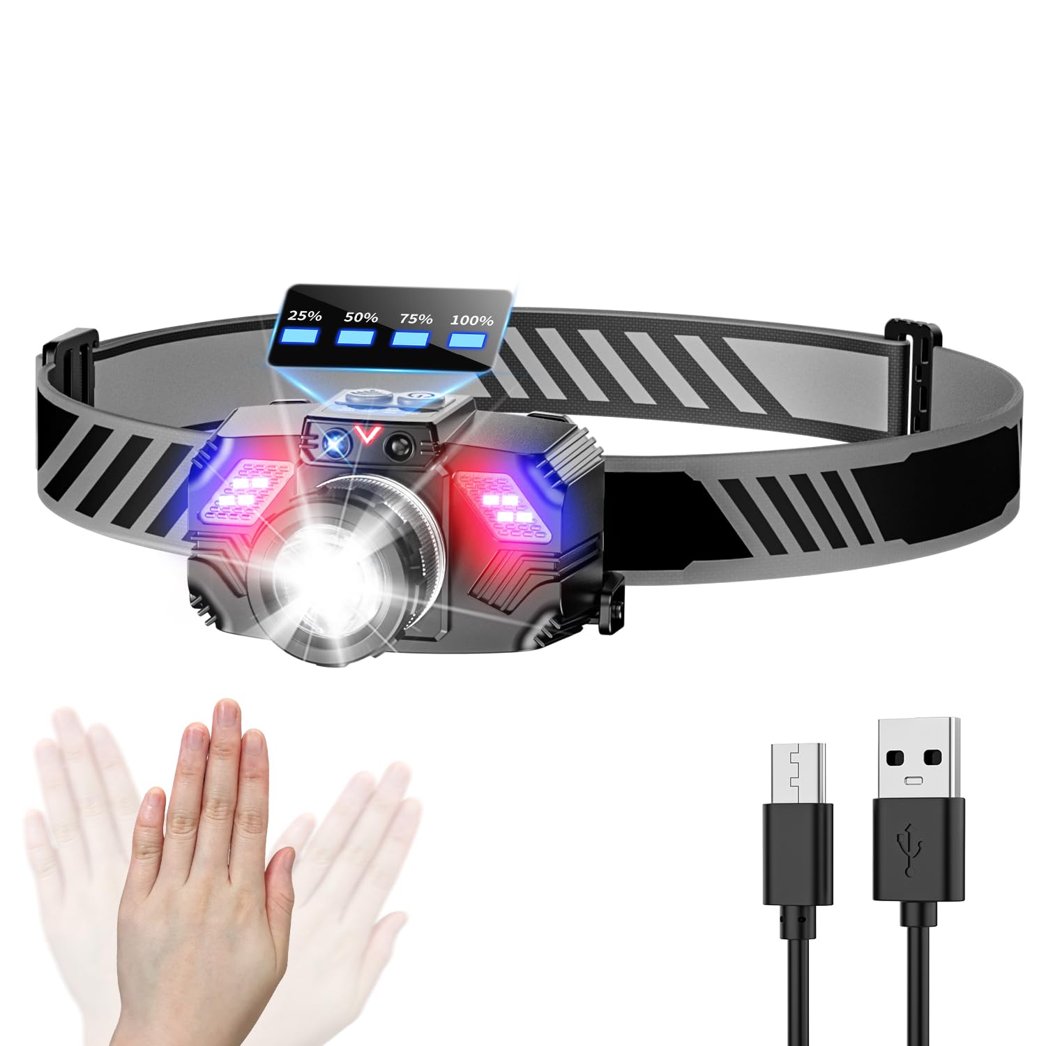 

Новый светодиодный налобный фонарь с быстрой зарядкой, перезаряжаемый, 4 режима и датчик, водонепроницаемость IPX6 и регулируемый угол, идеально подходит для горной ночи, бедствий, отключения электроэнергии и ночи