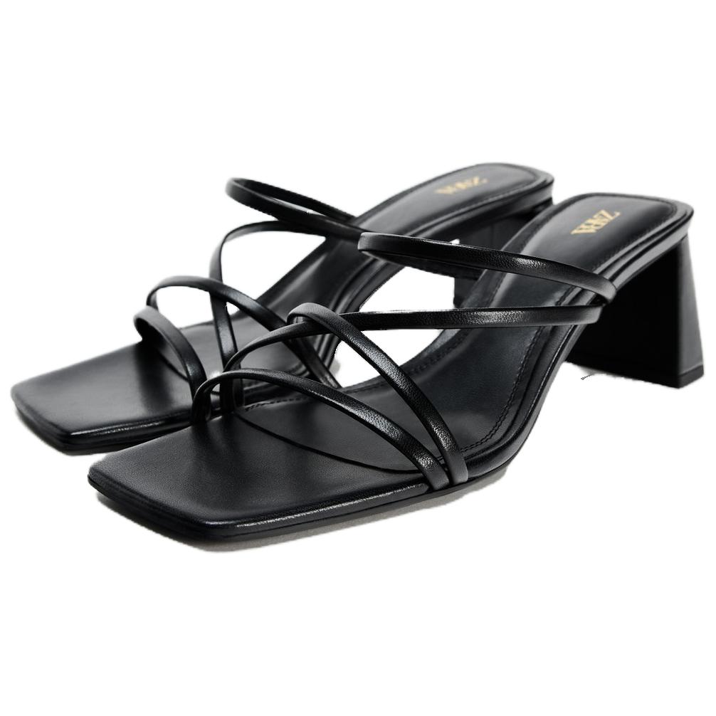 ZARA Square Toe Chunky Heel Slip-On Sandals Women sandals Black 12810410800