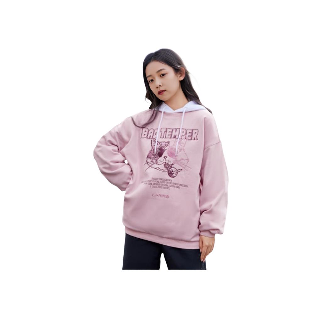Li-Ning Sports Fashion Series Cat Letter Embroidery Fleece Casual Pullover Sweatshirt Women Tops Light-Water-Pink AWDRH00-4