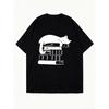 Black Oversized T Shirt With Cat Sleeping On Books Print For Casual Wear And Book Lovers