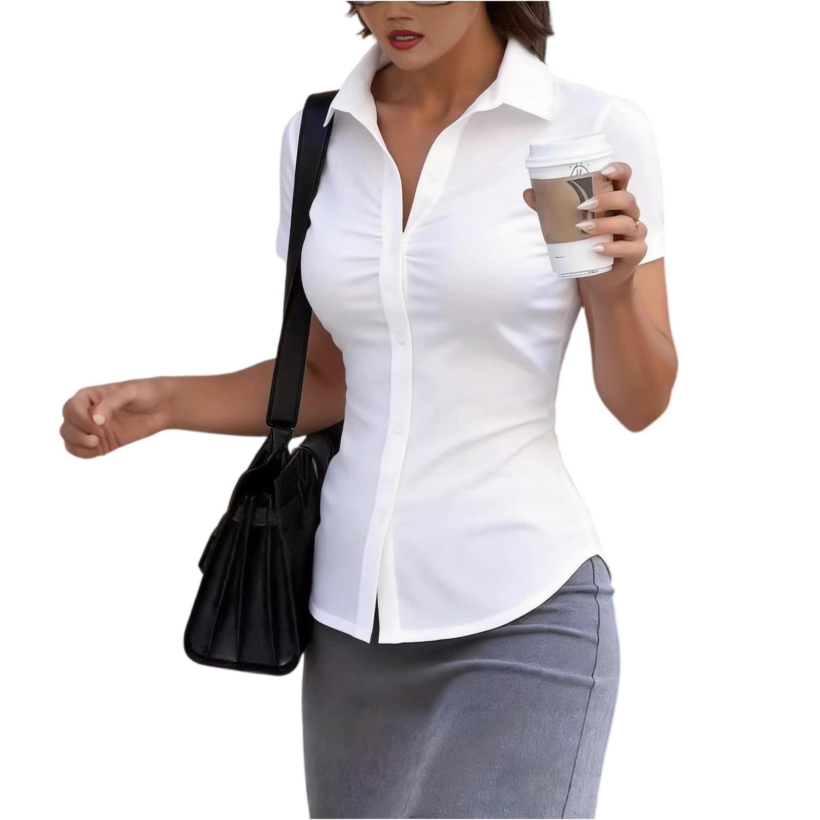 Damen Kurzarm Hemdbluse Slim Fit mit Kragen und Knöpfen Sommer Bluse Figurbetontes Stretch Top für Büro Business Casual M weiß