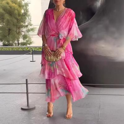 Damen Sommer Chiffonkleid Bedrucktes Kurzes Maxikleid Locker Lagenlook V-Ausschnitt Fließend Rüschen Schnürung