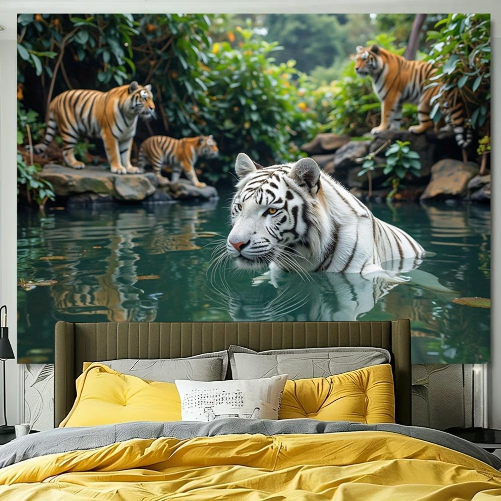 1Pc White Tiger Family Tapestry Wall Hanging, Decorative Fabric Poster for Bedroom, Living Room, Dorm & Home Decor