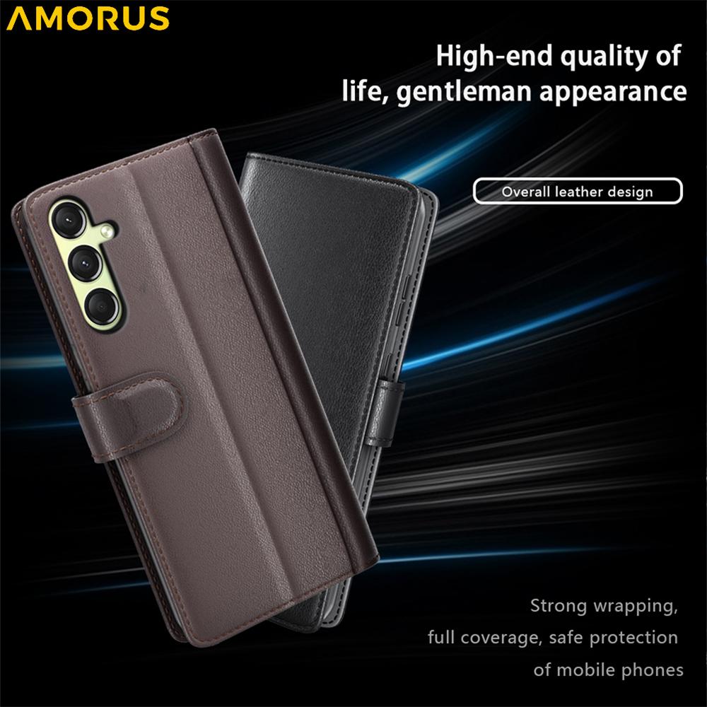 AMORUS For Samsung Galaxy A16 5G/4G Stand Cases Calf Texture Genuine Split Leather Wallet Phone Cover