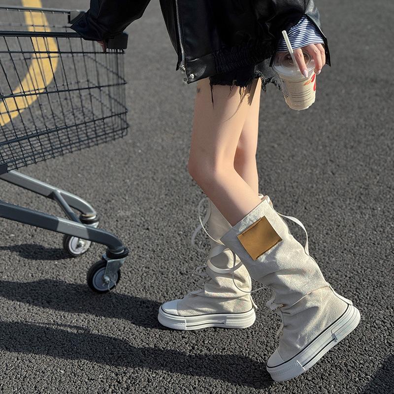 Niche design sense high-top canvas shoes women's new autumn and winter tube pants tube stacking boots thick-soled short boots