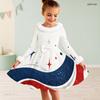 Girls White High Neck Long Sleeve Printed A Line Flared Dress With Bow Fur Trim