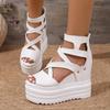 Women's White Faux Cover Wedge Sandals - 12cm Extra High Heel, Peep Toe with Cut-Out Design, Glossy Finish, Back Zipper Closure for Casual