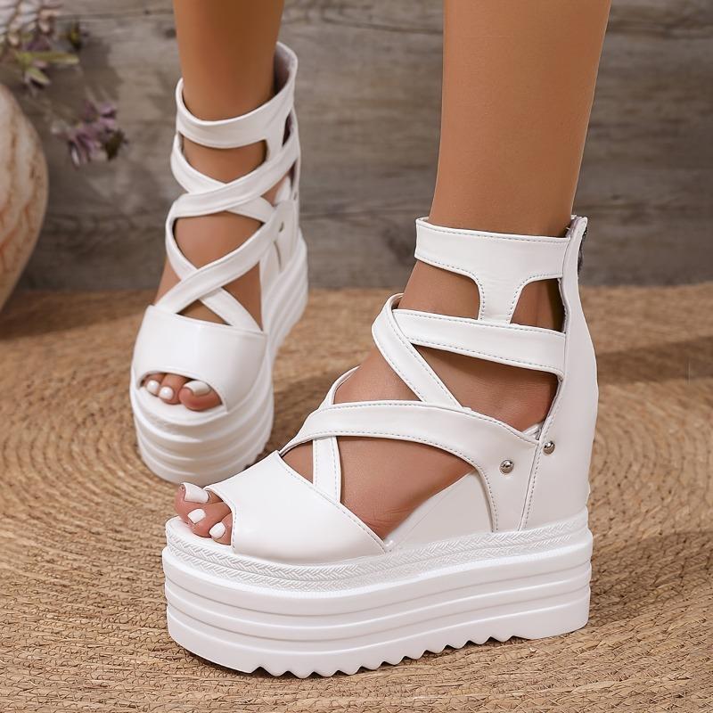Women's White Faux Cover Wedge Sandals - 12cm Extra High Heel, Peep Toe with Cut-Out Design, Glossy Finish, Back Zipper Closure for Casual