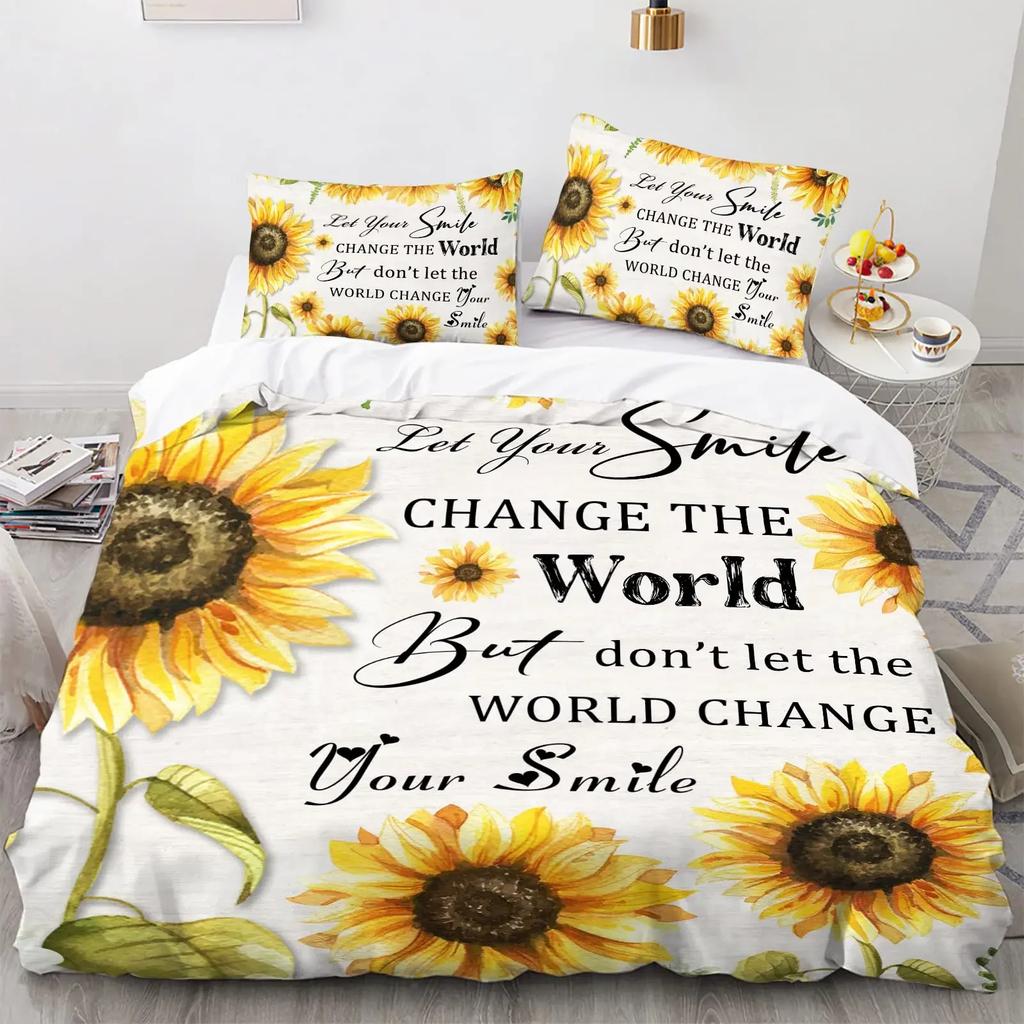 Yellow Flower Duvet Cover Set Sunflower Bedclothes Sunflower Fields With Sunset Printed Botanical Flowers Polyester Bedding Set