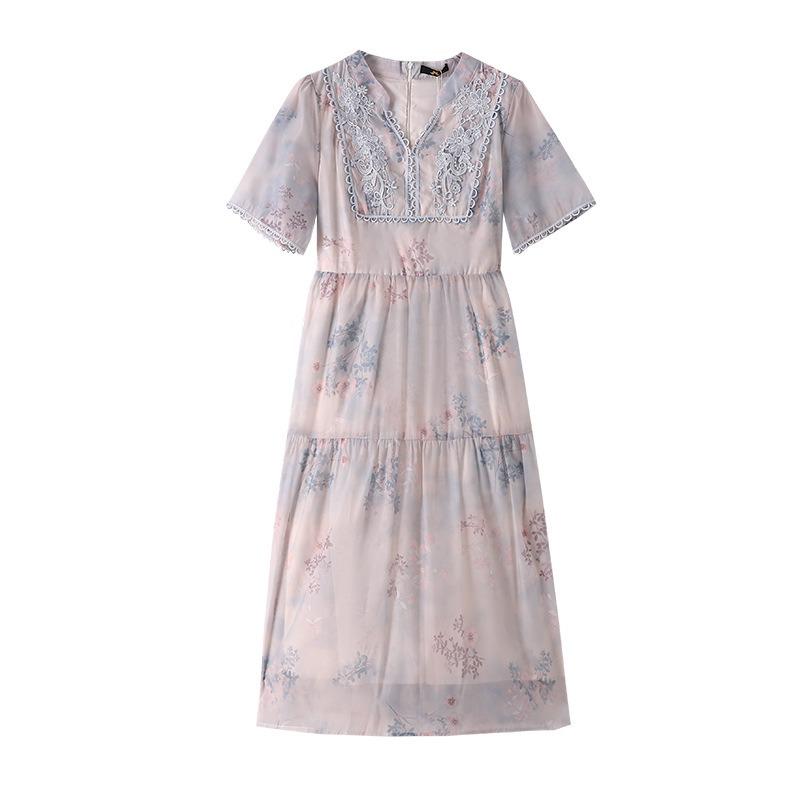 Dámské letní nové zeštíhlující šaty plus size v novém čínském stylu s potiskem, véčkovým výstřihem a krátkým rukávem