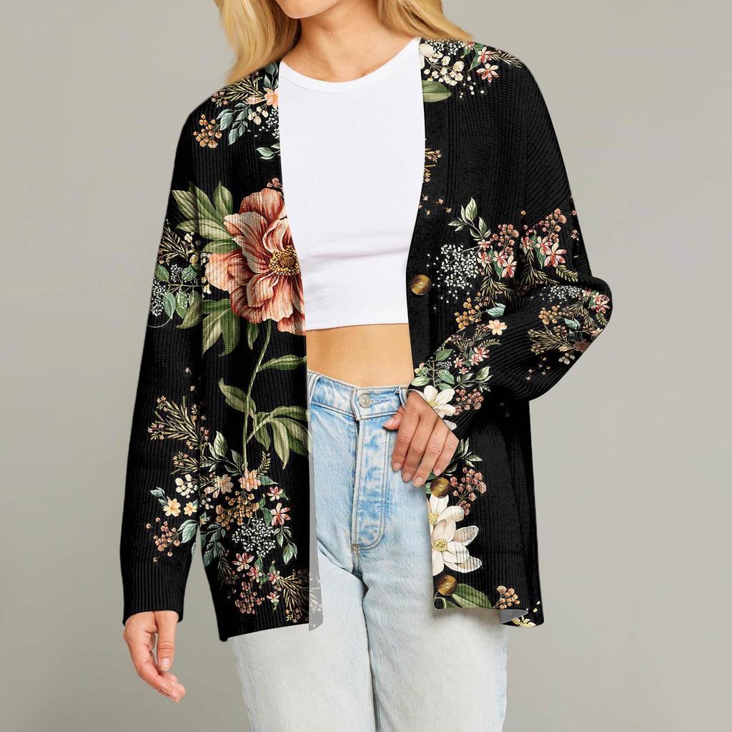 Women's Fashion Long Sleeve Print V-Neck Button Loose Cardigan Top