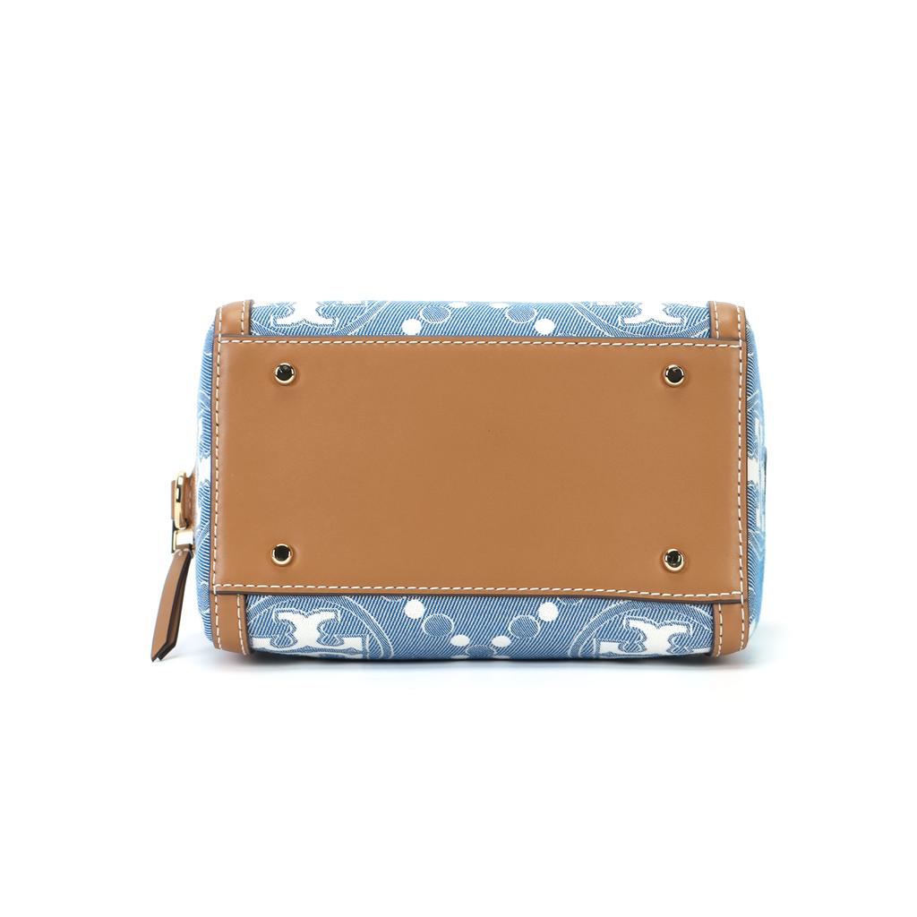 Tory Burch T Monogram Zipper Closure Fabric And Leather Barrel Bag Mini Women Handbags Denim-Blue Brown 159640-960