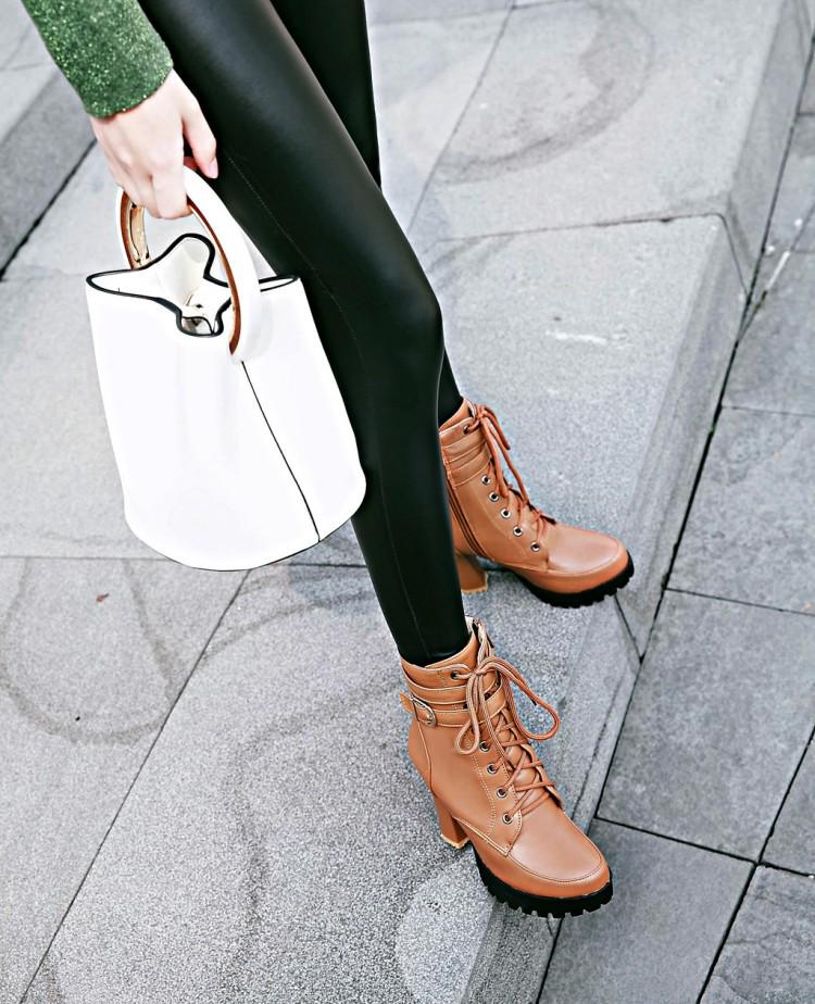 Women's Chunky Heel Waterproof Platform Martin Boots with Belt Buckle and Lace-up Design