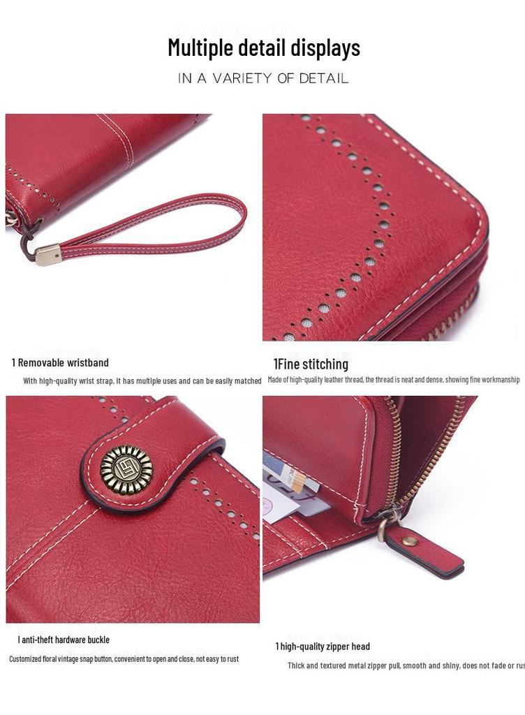 Women's Retro Oil Wax Leather Long Wallet - Hollowed-out Design, Multi-functional, Large Capacity Phone Bag