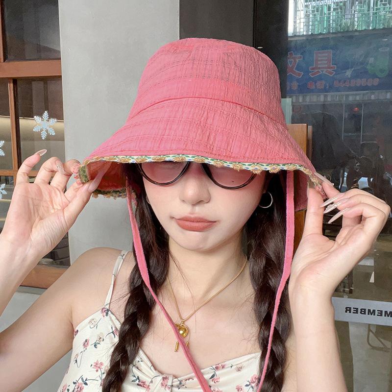 Sweet Floral Edge Bucket Hat Women's Summer Big Brim Showing Washbasin Hat Fashionable Versatile Sunshade Sunscreen Basin Hat